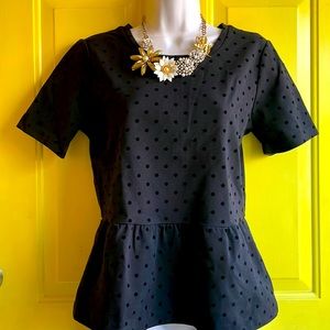 Black Peplum Madewell top with black polka dots and zip back | NWT